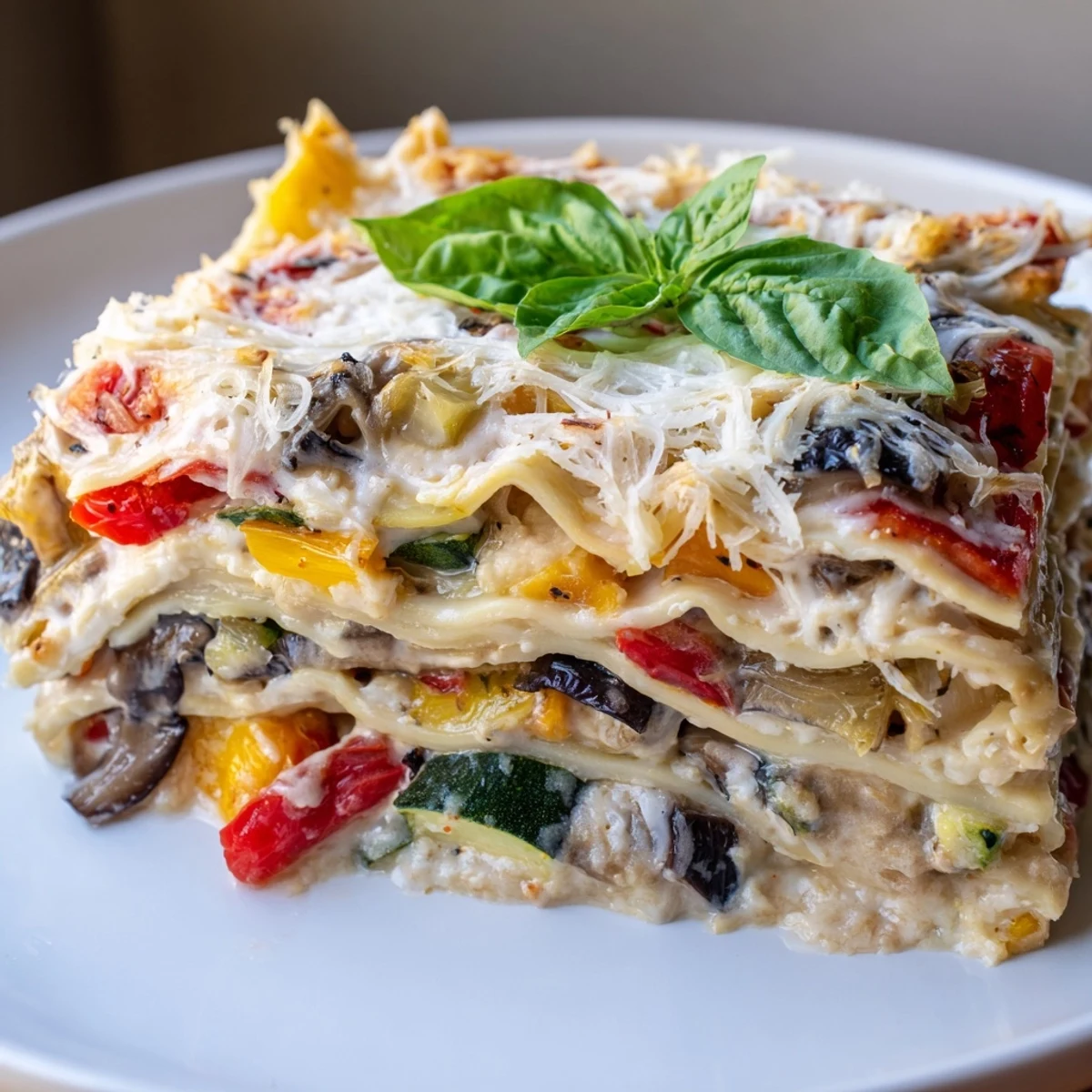 A close-up slice of Roasted Vegetable Lasagna with White Sauce reveals tender roasted vegetables, rich béchamel, and melted mozzarella, perfect for a vegetarian Italian family-style dinner.
