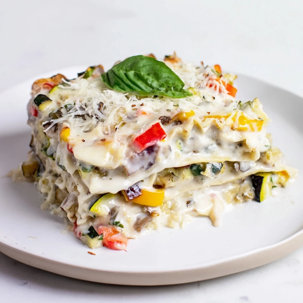 Roasted Vegetable Lasagna with White Sauce sits garnished with fresh basil on a rustic table, its golden Parmesan crust inviting a comforting, cheesy main dish meal.