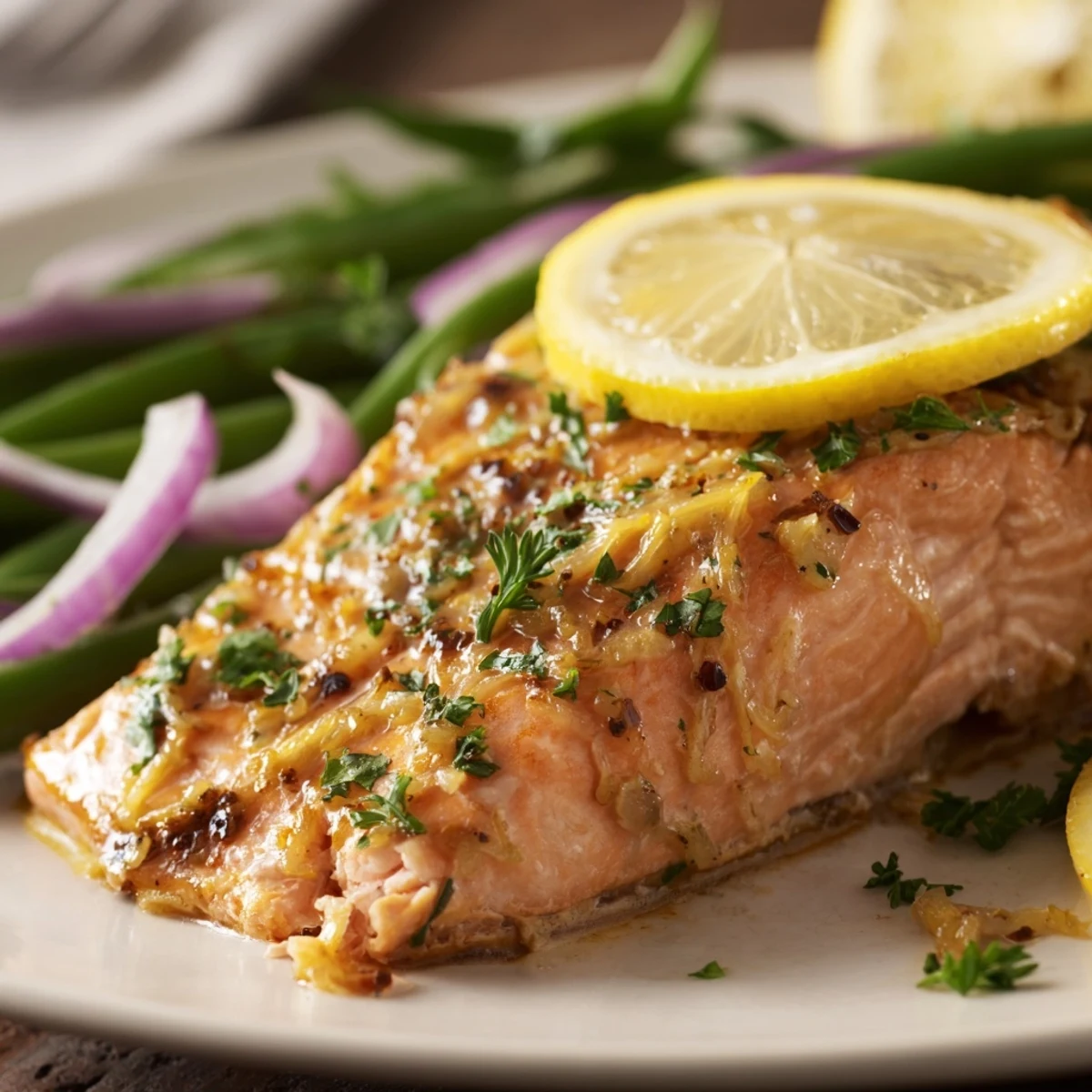 Golden-brown Sheet Pan Salmon and Green Beans with lemon slices roasted alongside, releasing a bright, garlicky aroma.