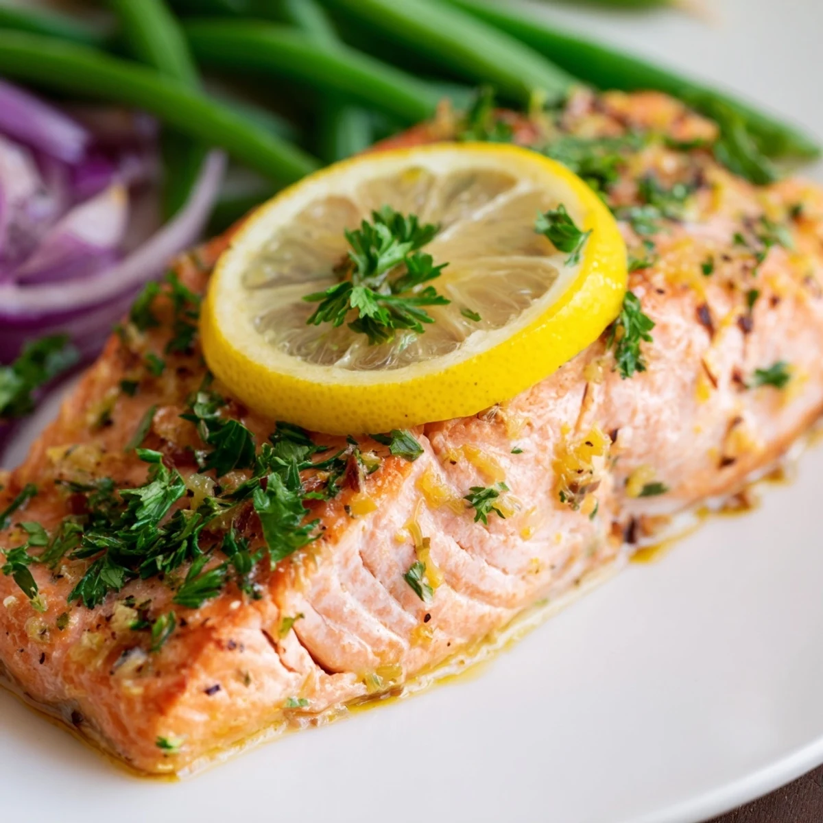 Tender salmon fillets and crisp green beans on a parchment-lined pan, drizzled with a zesty lemon-garlic marinade.