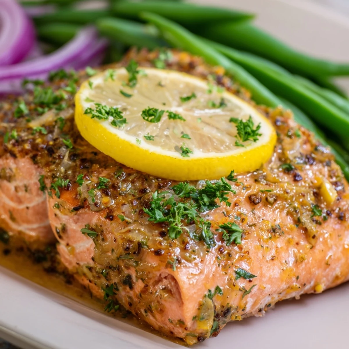 Healthy Sheet Pan Salmon and Green Beans served hot from the oven, garnished with fresh parsley and ready to enjoy.