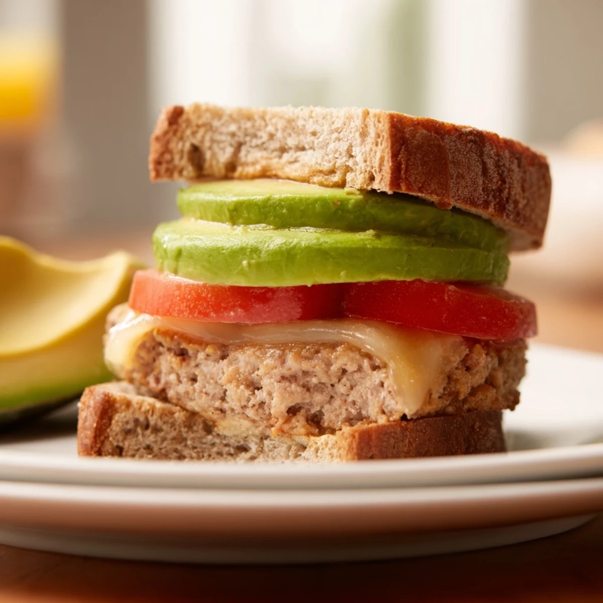 Golden-brown turkey burger with melted Swiss cheese, creamy avocado slices, and fresh toppings on a toasted bun.