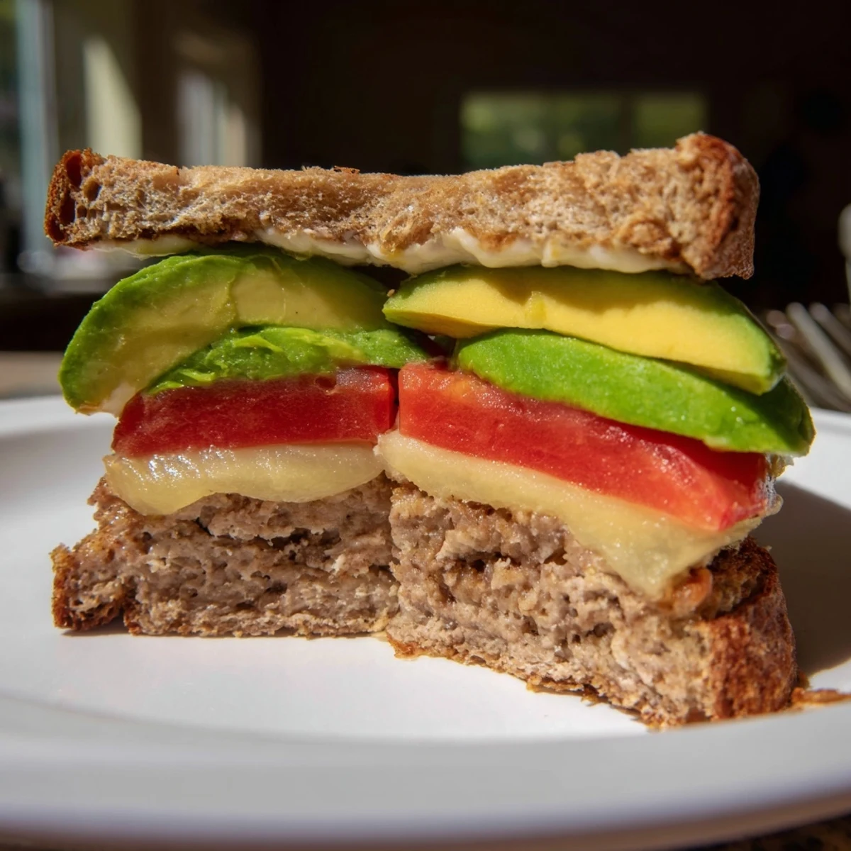 A hearty Turkey Burger with Avocado and Swiss Cheese on a toasted bun with tomato and red onion.