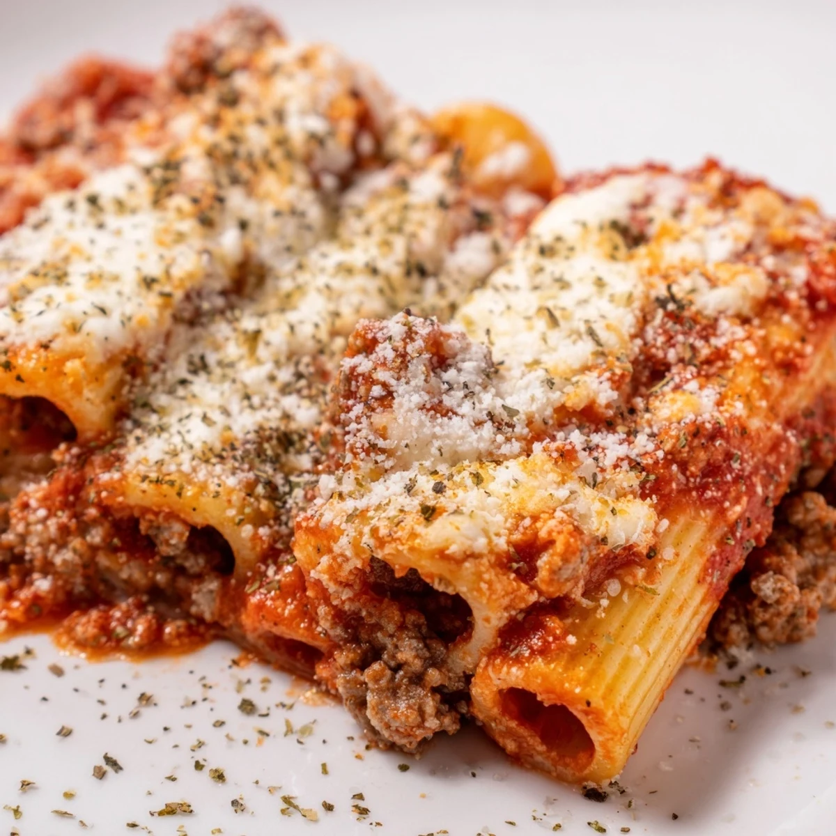 A hearty serving of Baked Ziti with Ground Beef and Marinara plated with a side salad and warm garlic bread.