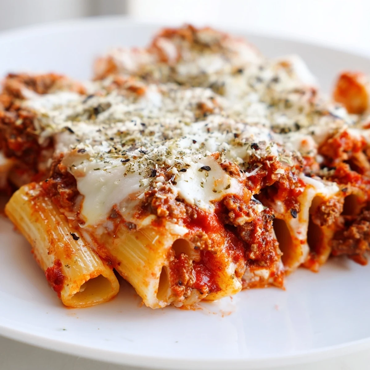 Golden-brown Baked Ziti with Ground Beef and Marinara fresh from the oven, featuring bubbling mozzarella and fresh basil garnish.