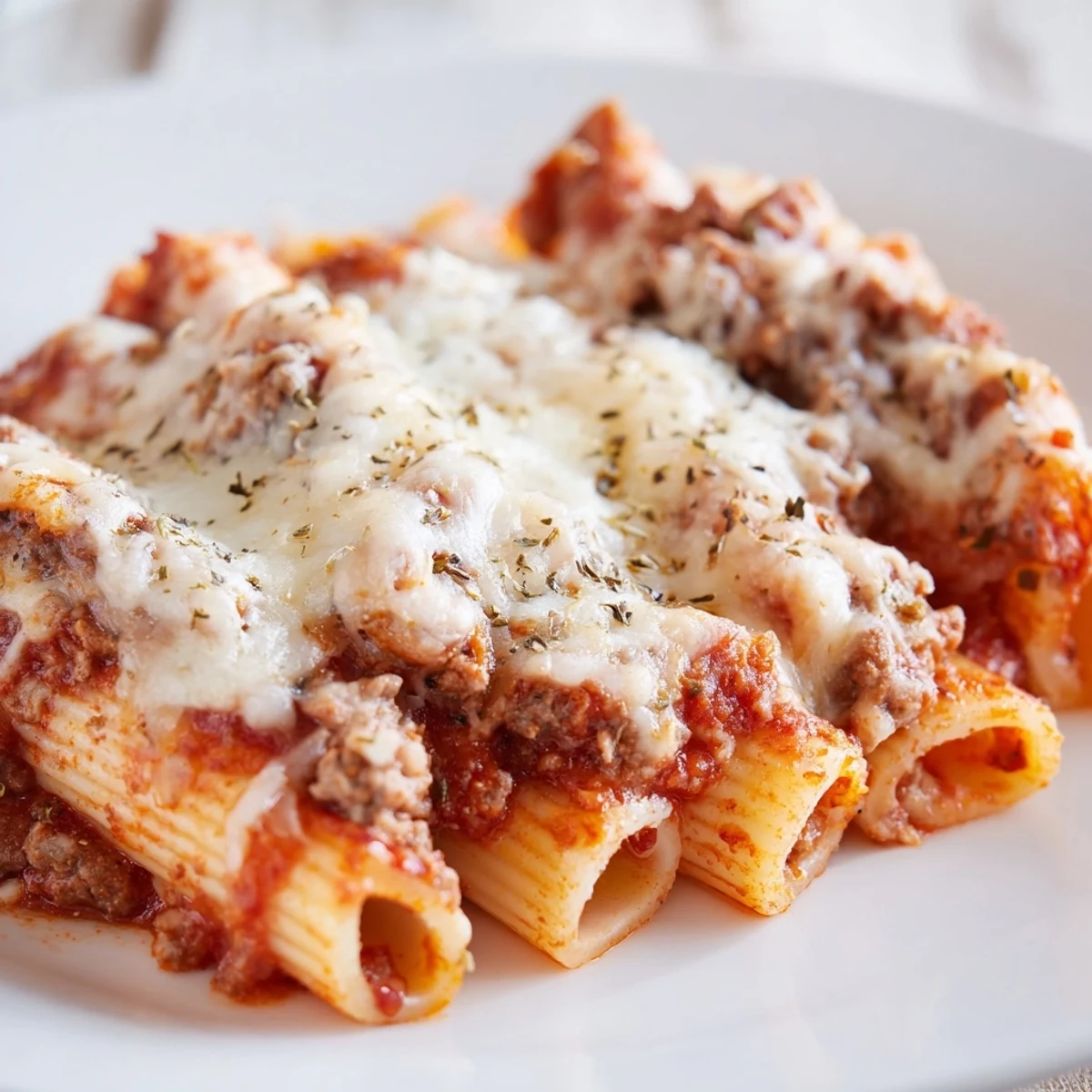 Close-up on Baked Ziti with Ground Beef and Marinara highlighting layers of tender pasta, rich red sauce, and melted cheese.