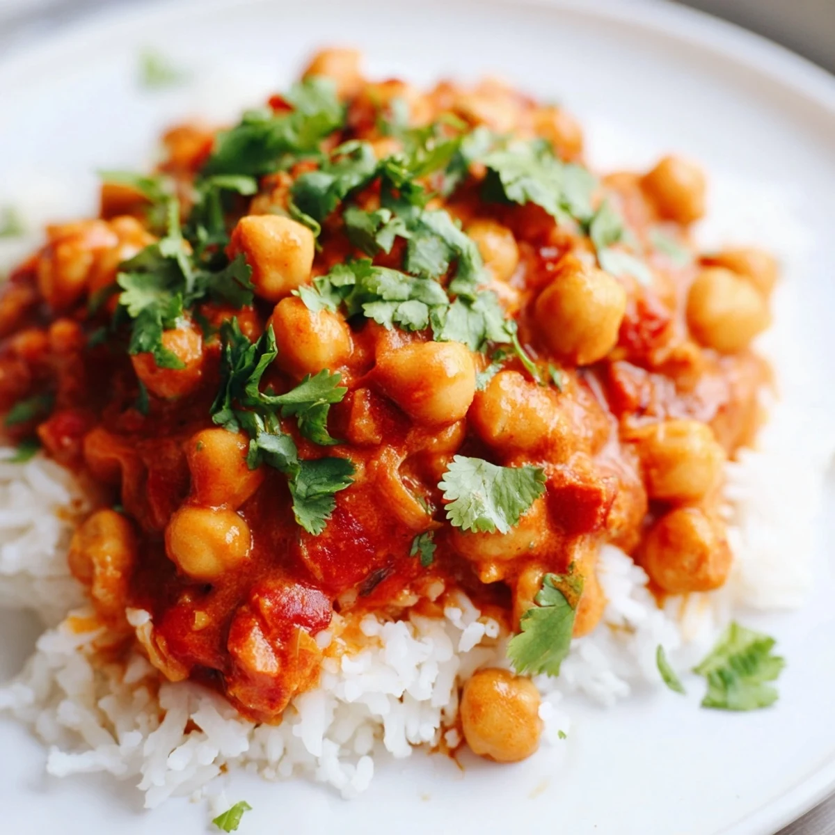 Warm Vegan Chickpea Tikka Masala with Rice is served in a white bowl, topped with fresh cilantro and lemon wedges.