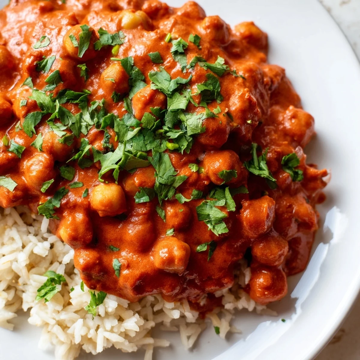 A close-up of creamy Vegan Chickpea Tikka Masala with Rice, highlighting the tender chickpeas and fluffy basmati rice.
