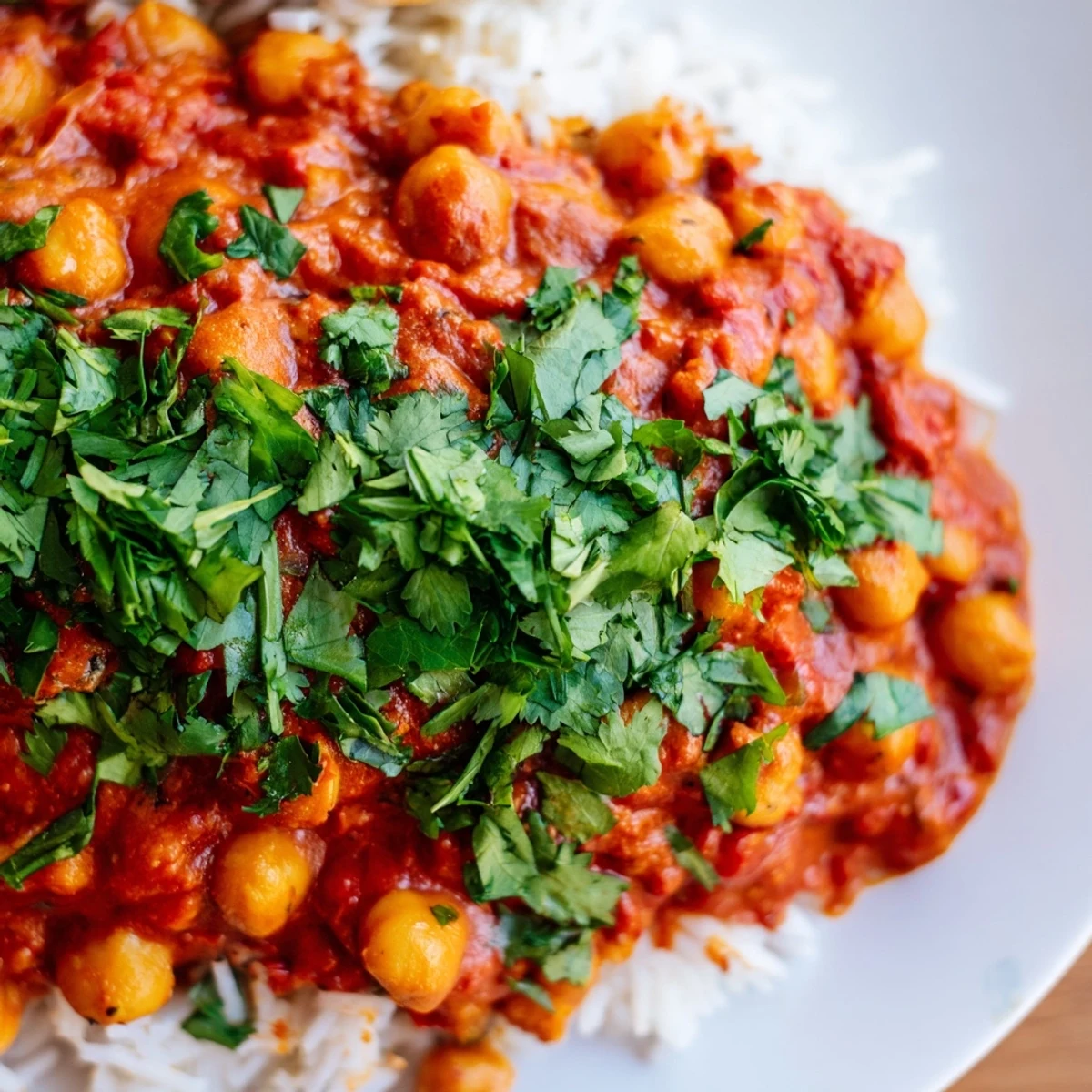 Colorful Vegan Chickpea Tikka Masala with Rice in a skillet, with a spoon serving a portion onto a plate.