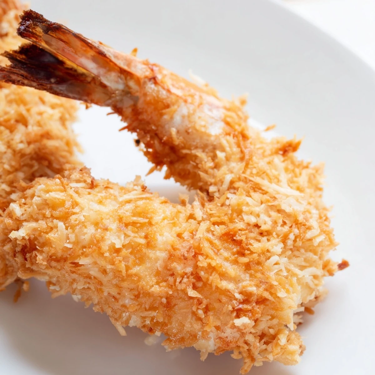 Freshly fried Crispy Coconut Shrimp feature a crunchy coconut crust, arranged beautifully with lime wedges for a zesty kick.
