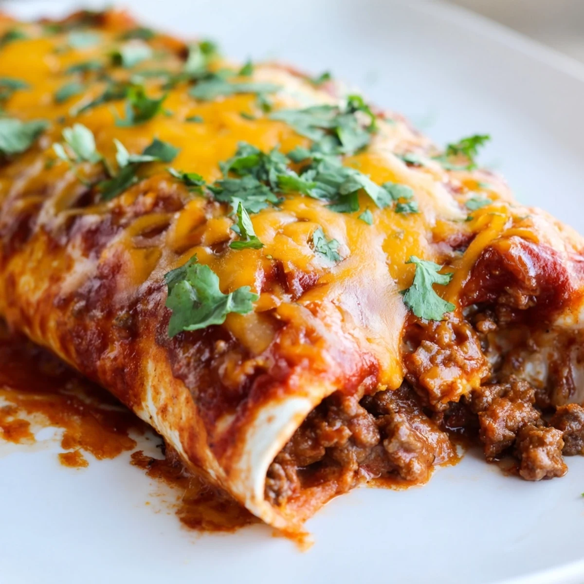 Golden-brown Beef Enchiladas with Red Enchilada Sauce bubbling with melted cheese in a baking dish.