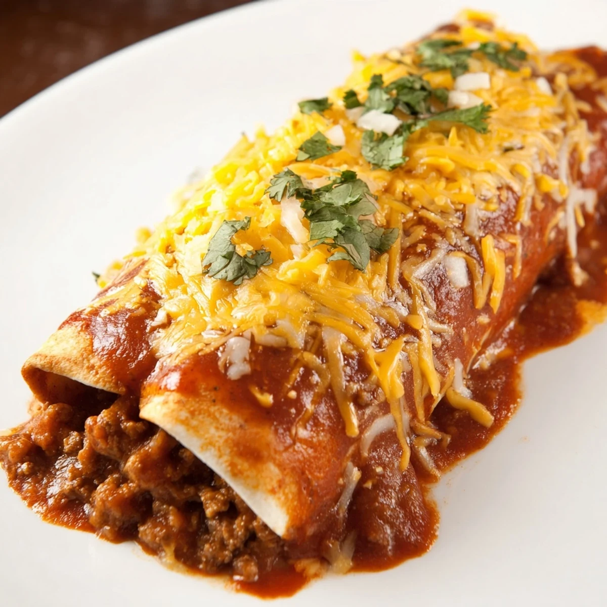 Fresh cilantro garnishes these Beef Enchiladas with Red Enchilada Sauce, served with sour cream.