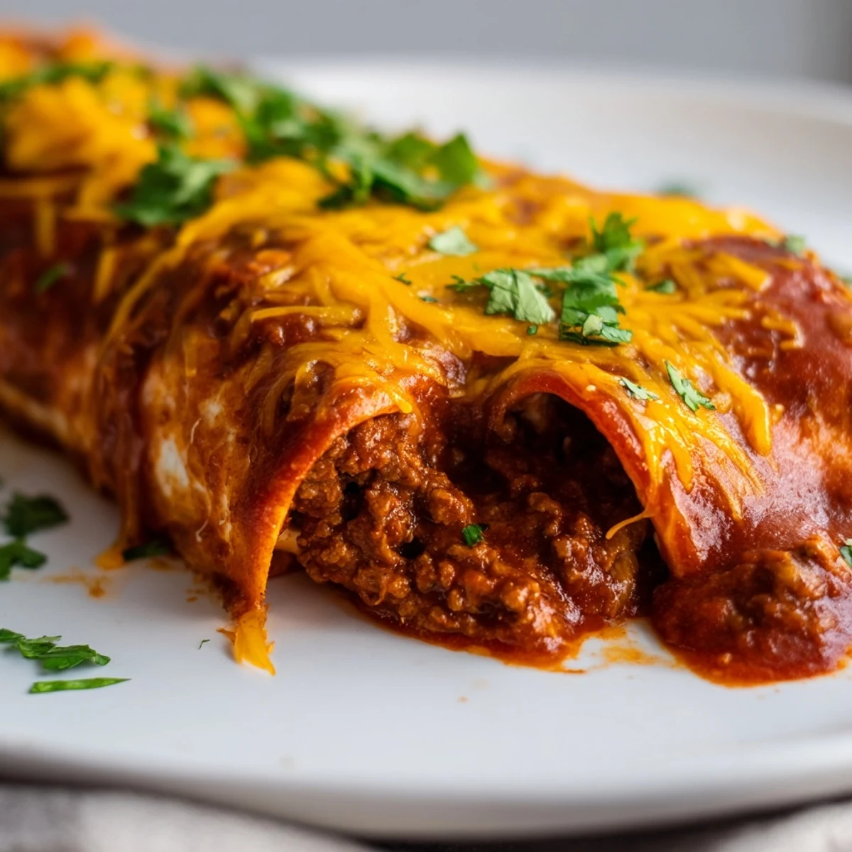 Warm flour tortillas stuffed with savory beef and smothered in homemade Red Enchilada Sauce.