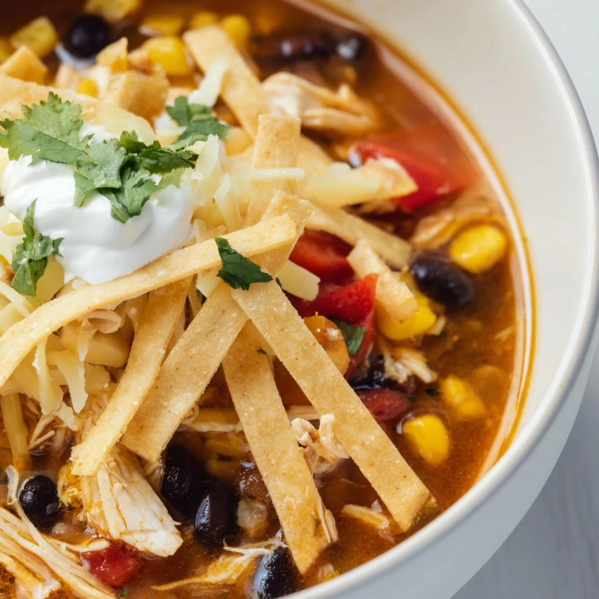 Hearty bowl of Chicken Tortilla Soup with Crispy Strips, topped with avocado, cheese, and lime wedges.