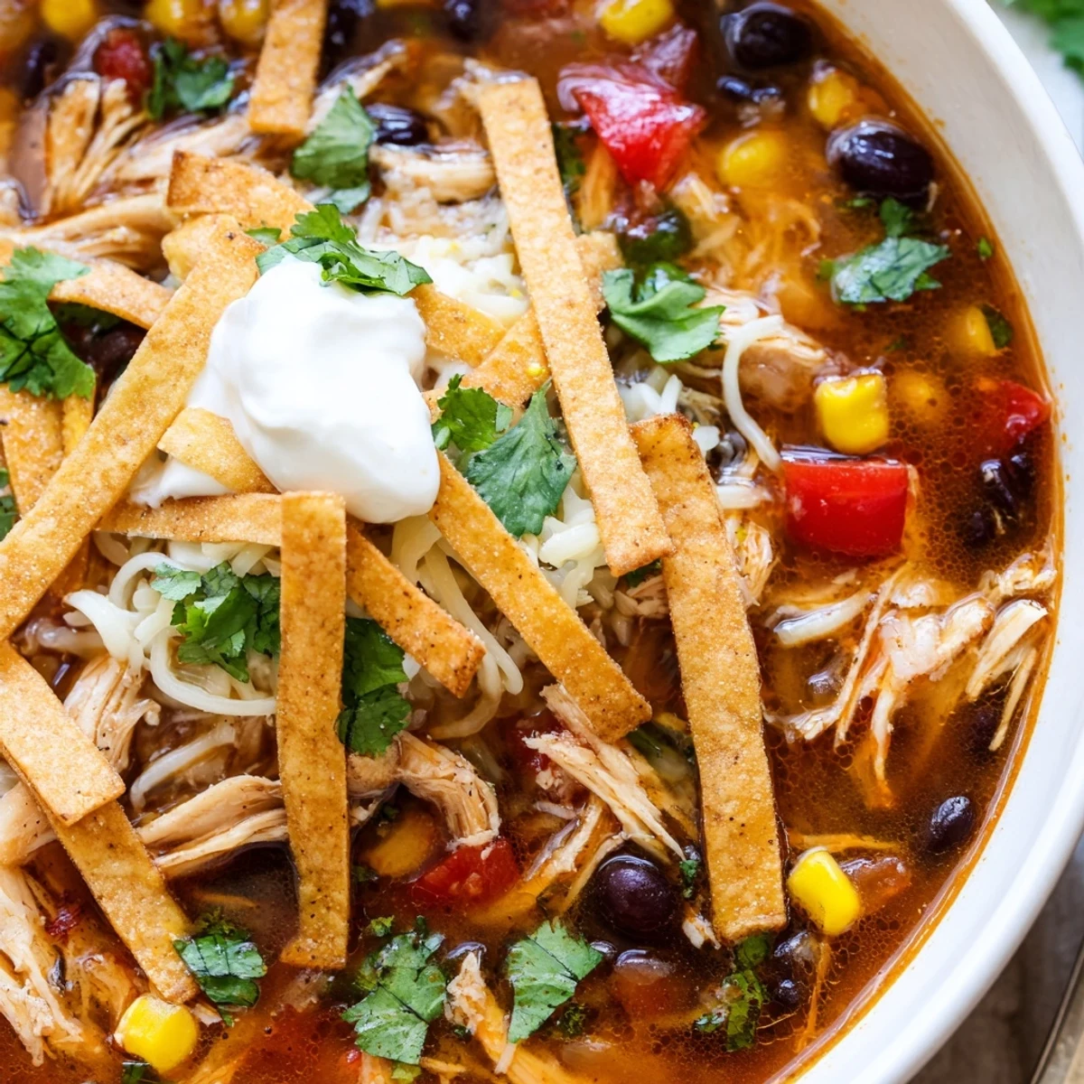Close-up of Chicken Tortilla Soup with Crispy Strips, showing crunchy golden tortilla strips and fresh cilantro garnish.