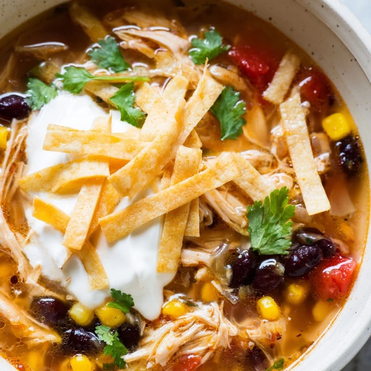 Colorful Chicken Tortilla Soup with Crispy Strips served in rustic bowls with sour cream and corn tortillas.