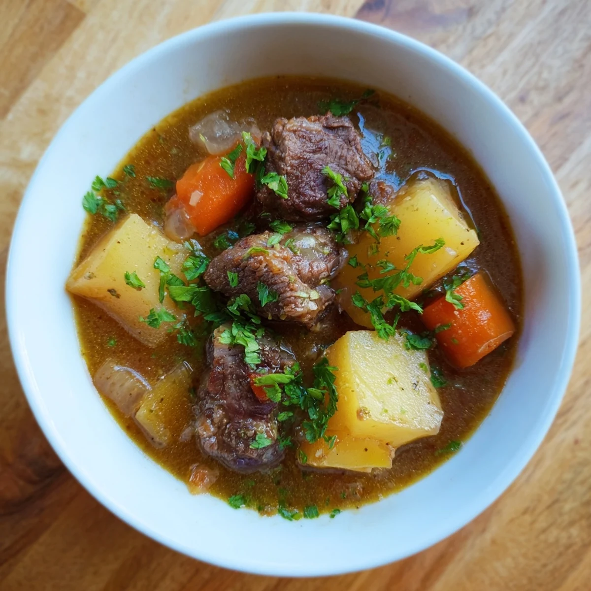 A ladle lifts tender beef and carrots from a steaming pot of Slow Cooker Beef Stew with Root Vegetables.