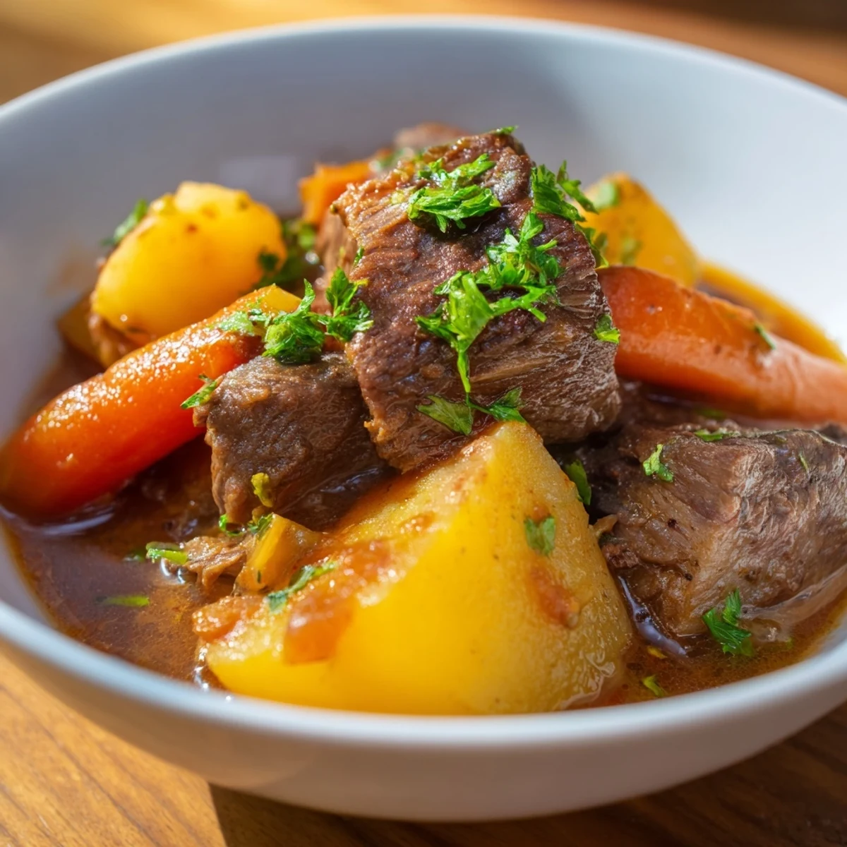 Raw beef cubes, sliced parsnips, potatoes, and thyme ready for the Slow Cooker Beef Stew with Root Vegetables.