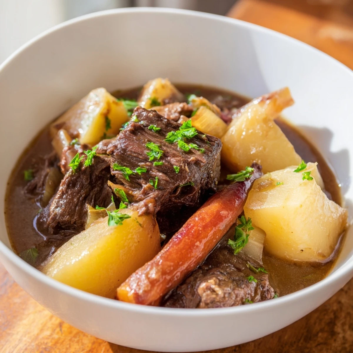 Cozy bowl of Slow Cooker Beef Stew with Root Vegetables served with crusty bread, garnished with fresh parsley.