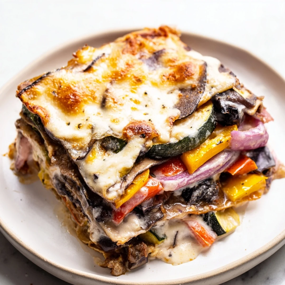 Close-up on layers of Roasted Vegetable Lasagna with Creamy Bechamel Sauce revealing roasted peppers, eggplant, and noodles.