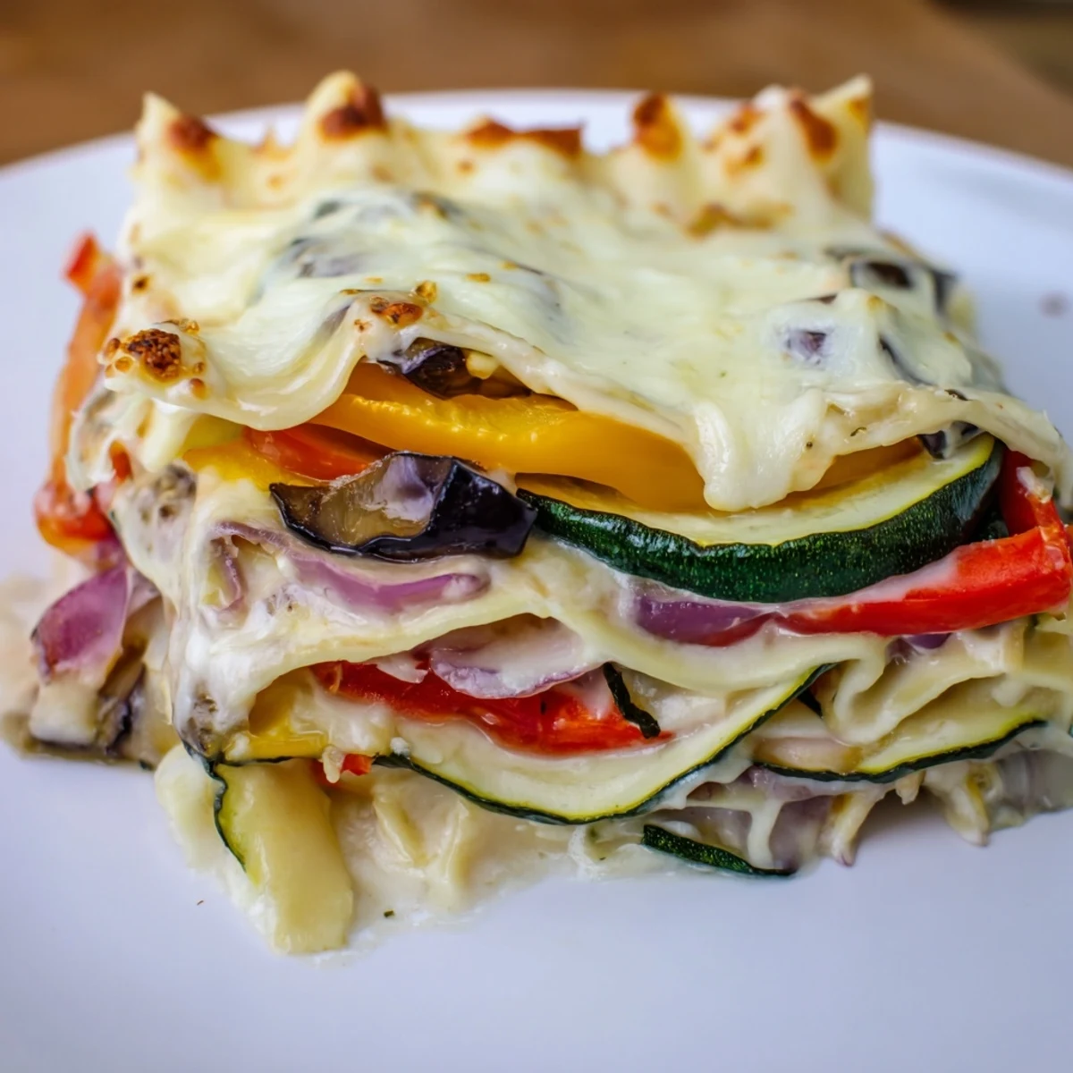 A hearty slice of Roasted Vegetable Lasagna with Creamy Bechamel Sauce served alongside a crisp green salad.