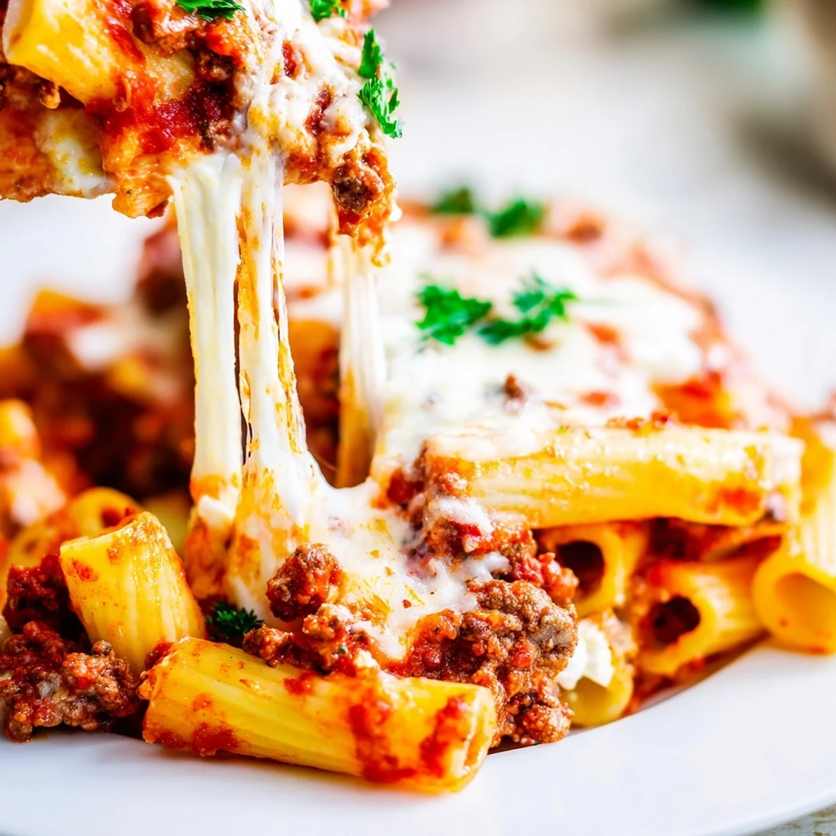 Freshly baked Baked Ziti with Ground Beef Marinara and Mozzarella, golden and bubbling from the oven.