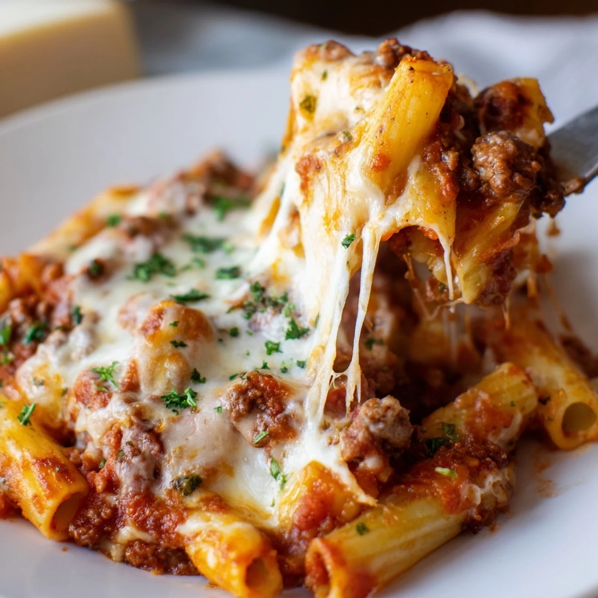 Spoonful of cheesy Baked Ziti with Ground Beef Marinara and Mozzarella, featuring hearty red sauce and pasta.