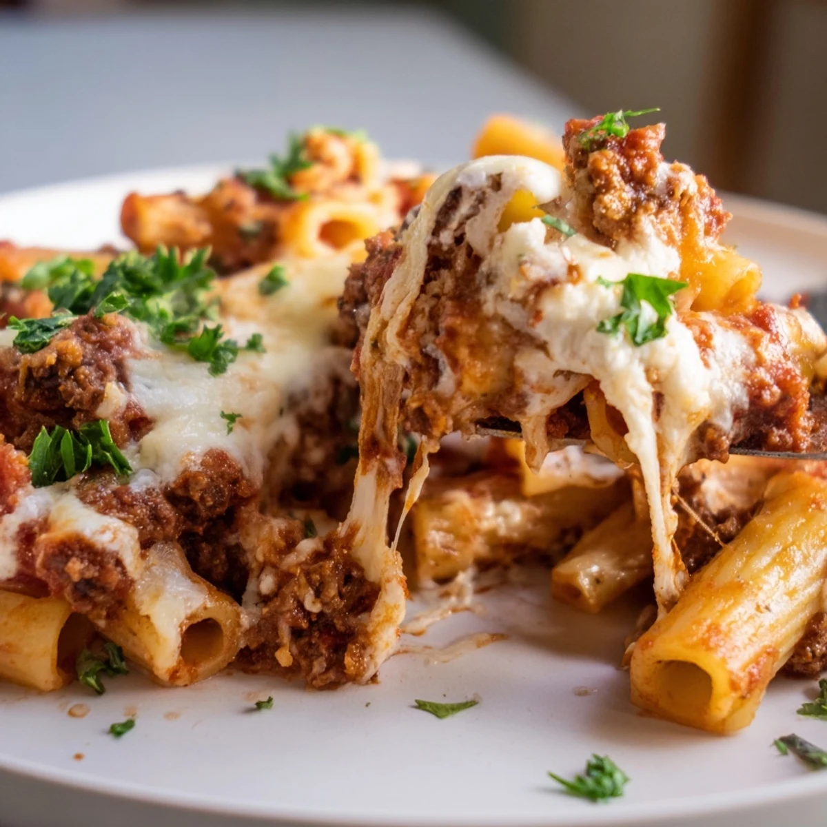 Sizzling skillet of Baked Ziti with Ground Beef Marinara and Mozzarella, ready to serve with fresh parsley.