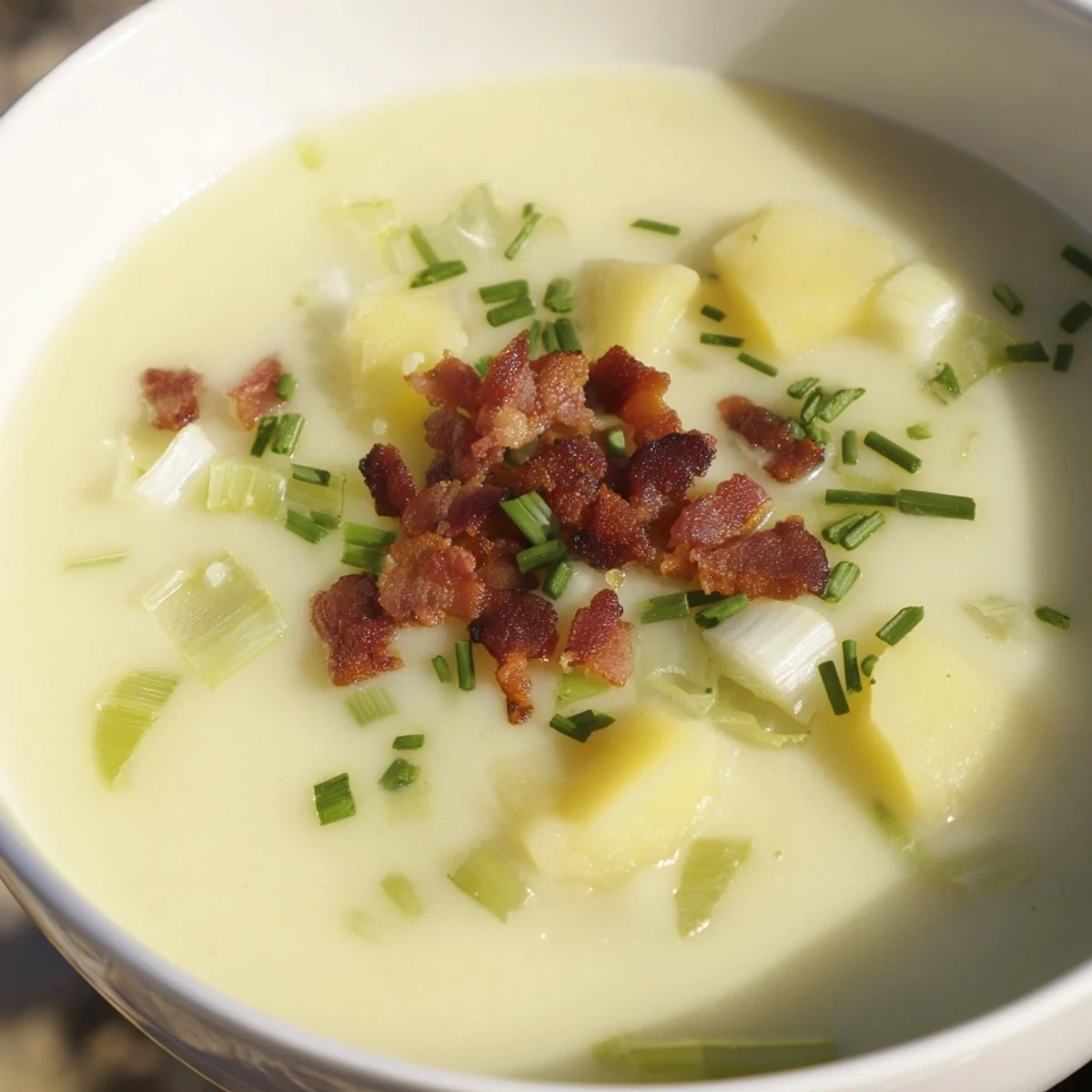 Creamy Potato Leek Soup with Crispy Turkey Bacon served steaming hot in a rustic bowl with fresh chives and golden crumbles.