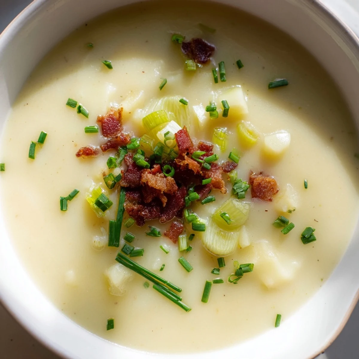 A comforting bowl of Creamy Potato Leek Soup with Crispy Turkey Bacon garnished with parsley, ready to enjoy with crusty bread.