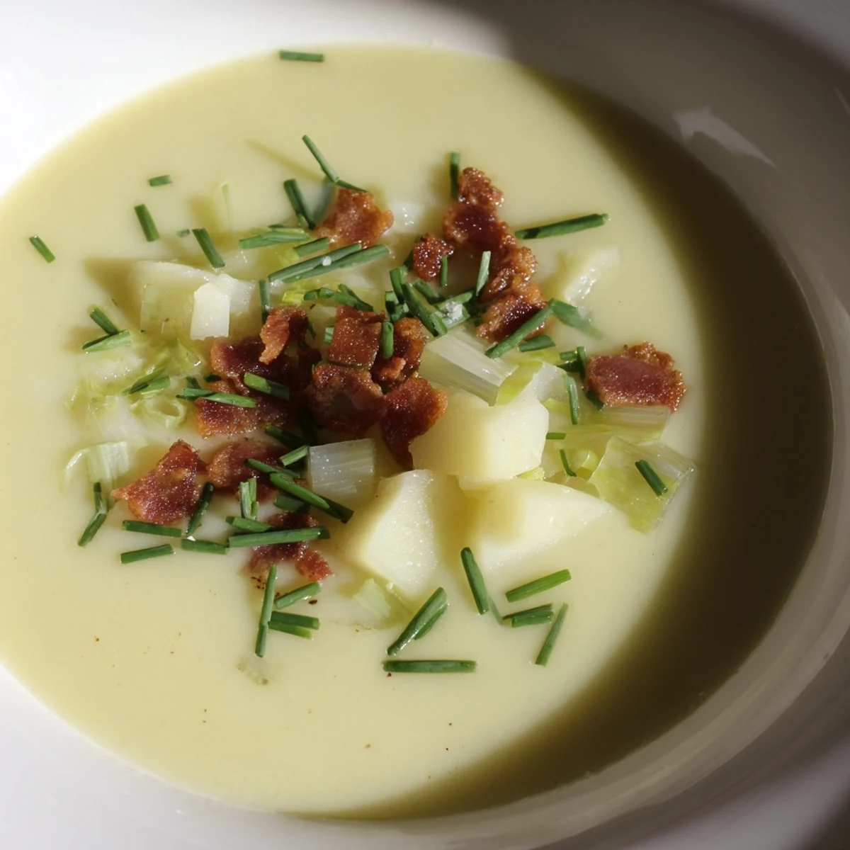 Velvety Creamy Potato Leek Soup with Crispy Turkey Bacon topped with crunchy bacon bits and fresh herbs, perfect for cozy dinners.