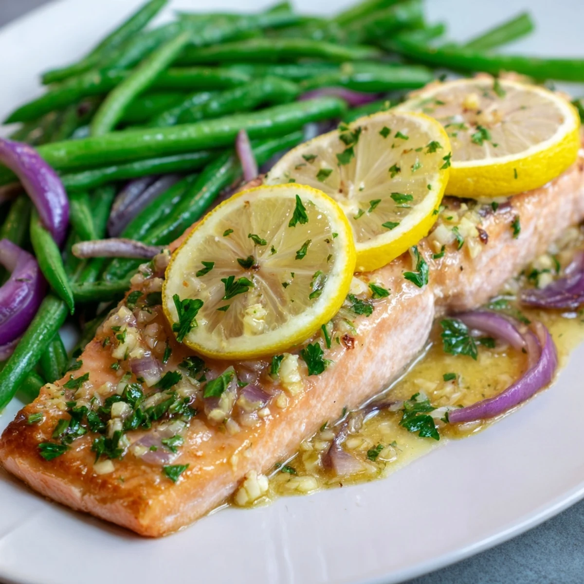 Golden-baked salmon fillets and crisp green beans roasted on a sheet pan with lemon slices, finished with a drizzle of lemon butter sauce.