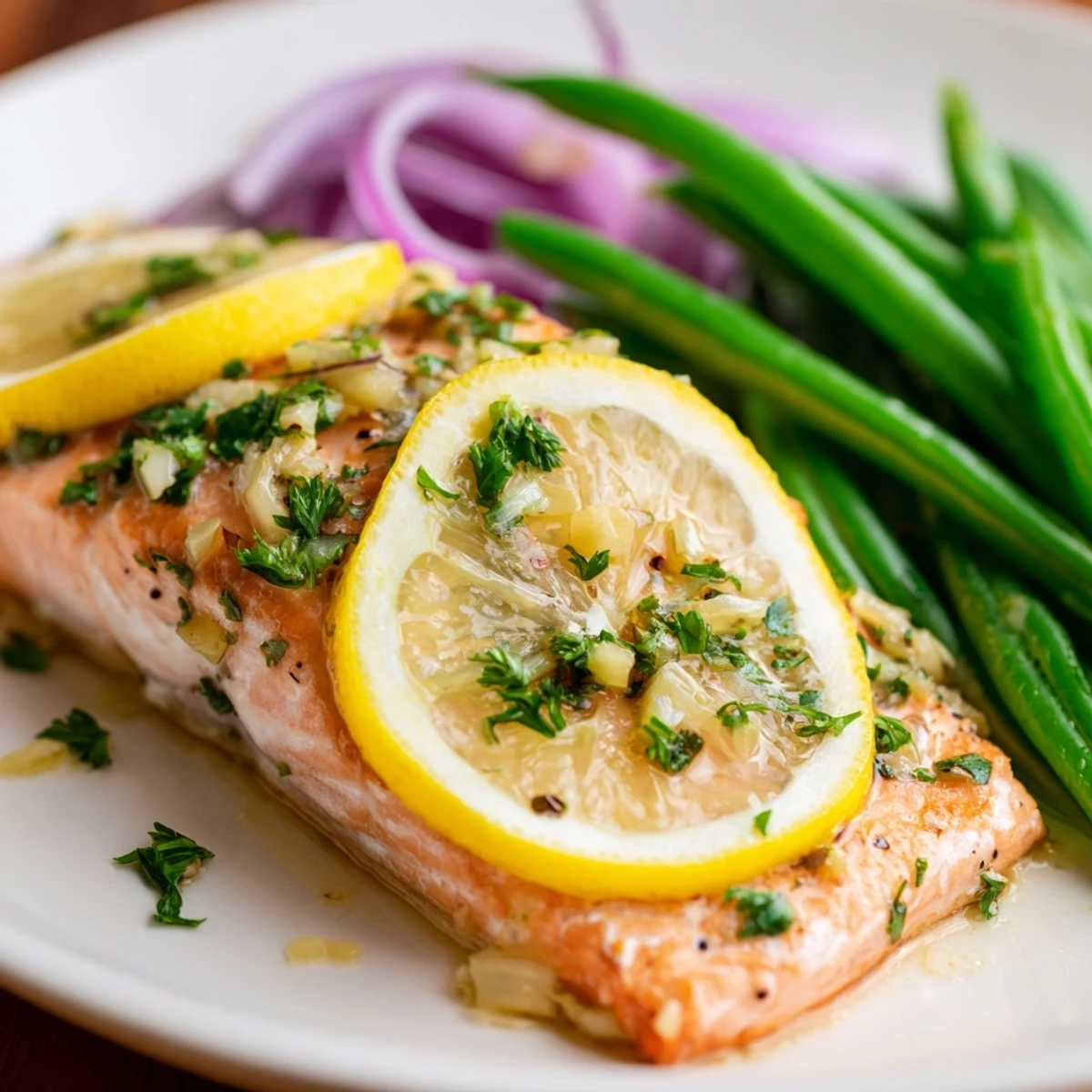 A close-up of Sheet Pan Salmon and Green Beans with Lemon Butter, showcasing tender pink salmon and charred green beans in a glossy lemon butter coating.