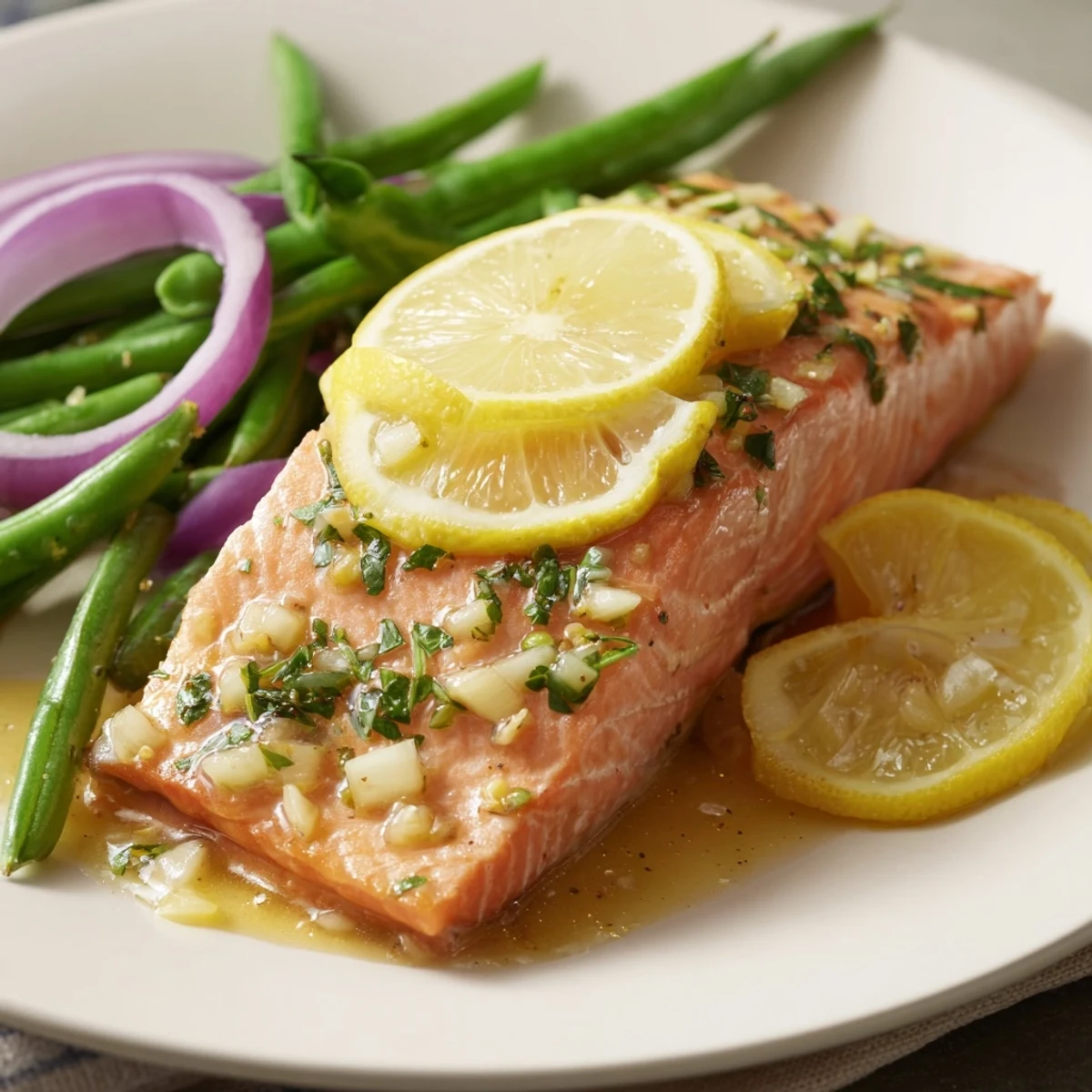 Sheet Pan Salmon and Green Beans with Lemon Butter served alongside fluffy white rice, garnished with fresh parsley and lemon zest on a dinner plate.