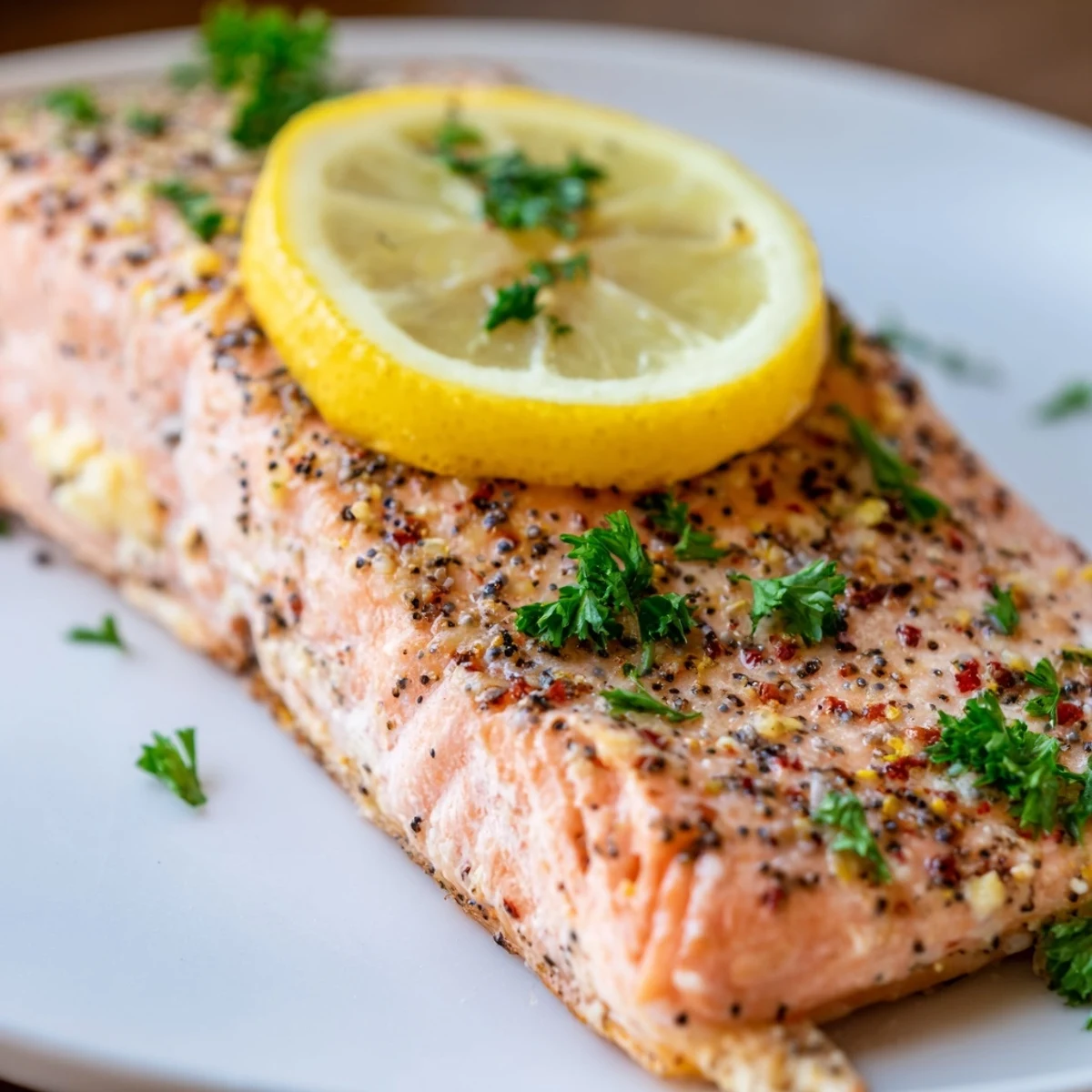 A close-up of tender baked salmon fillet with lemon pepper seasoning, bright lemon slices, and a sprinkle of fresh parsley.