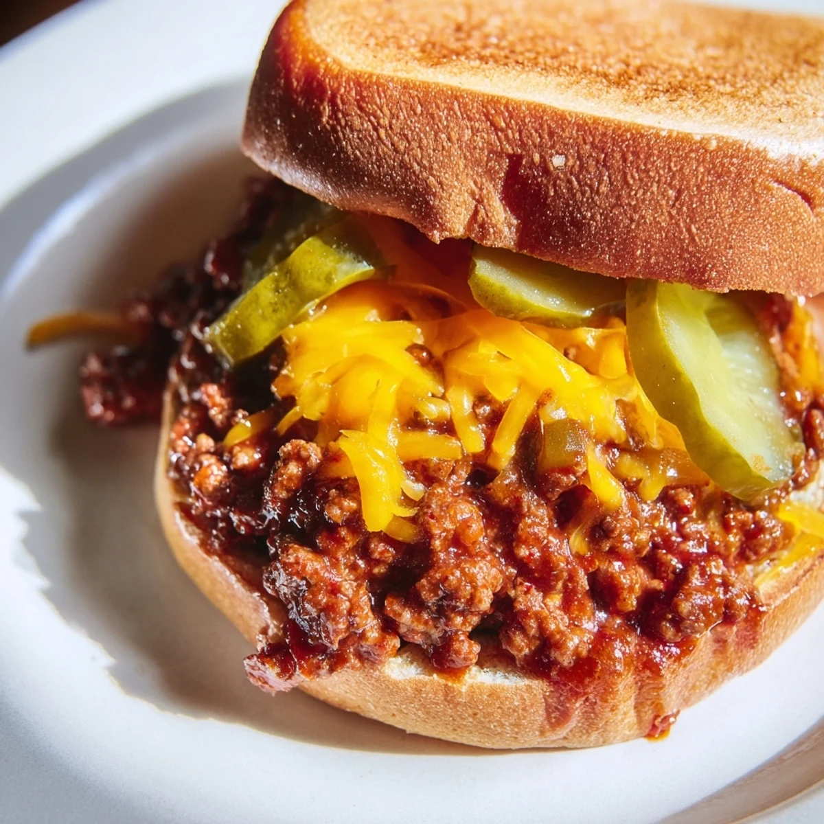 Two golden toasted brioche burger buns are generously stuffed with saucy beef sloppy joes, melted cheddar, and dill pickle slices on a rustic plate.