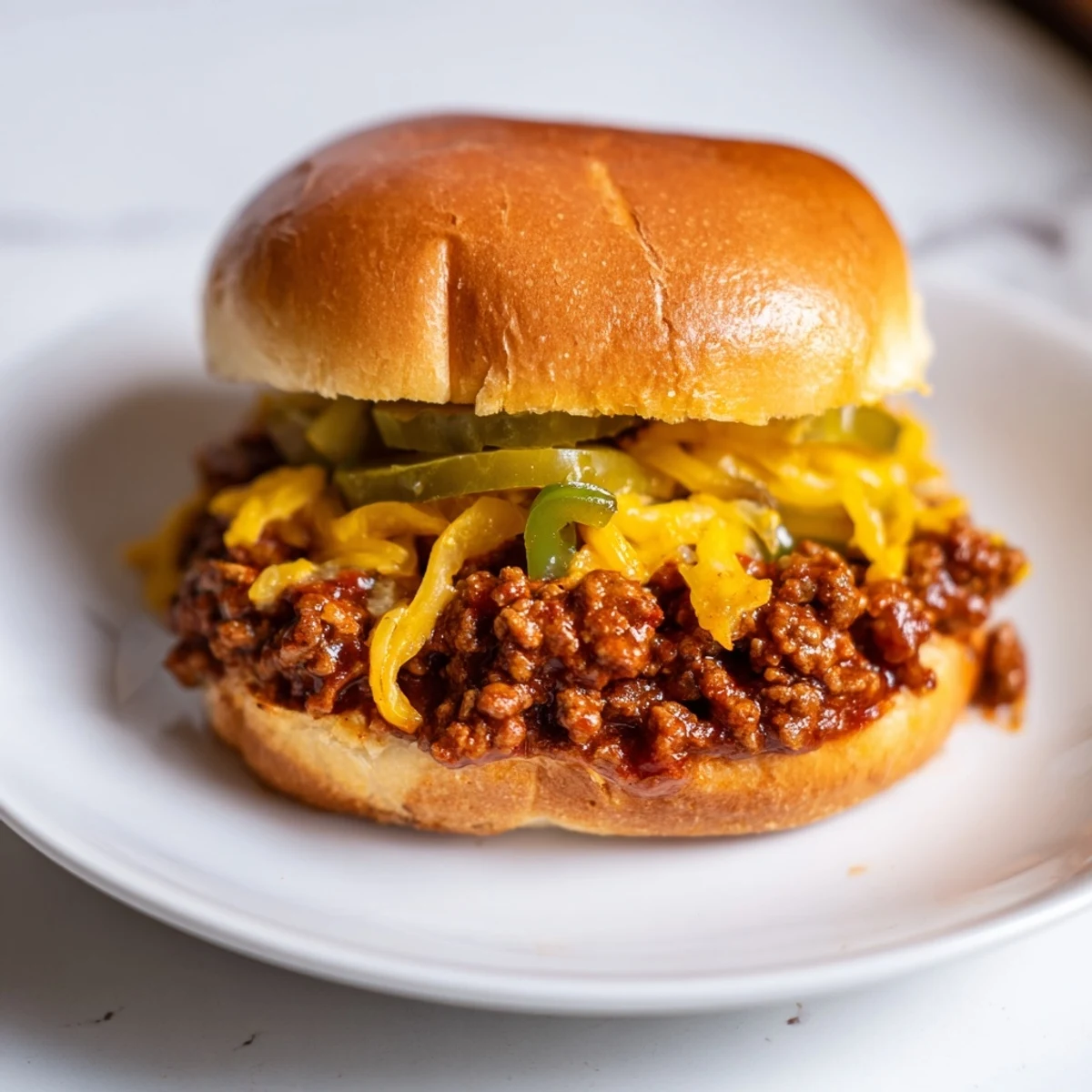 Steaming, thick beef sloppy joe filling with onions and peppers spilling out of a toasted burger bun, served on a wooden cutting board.