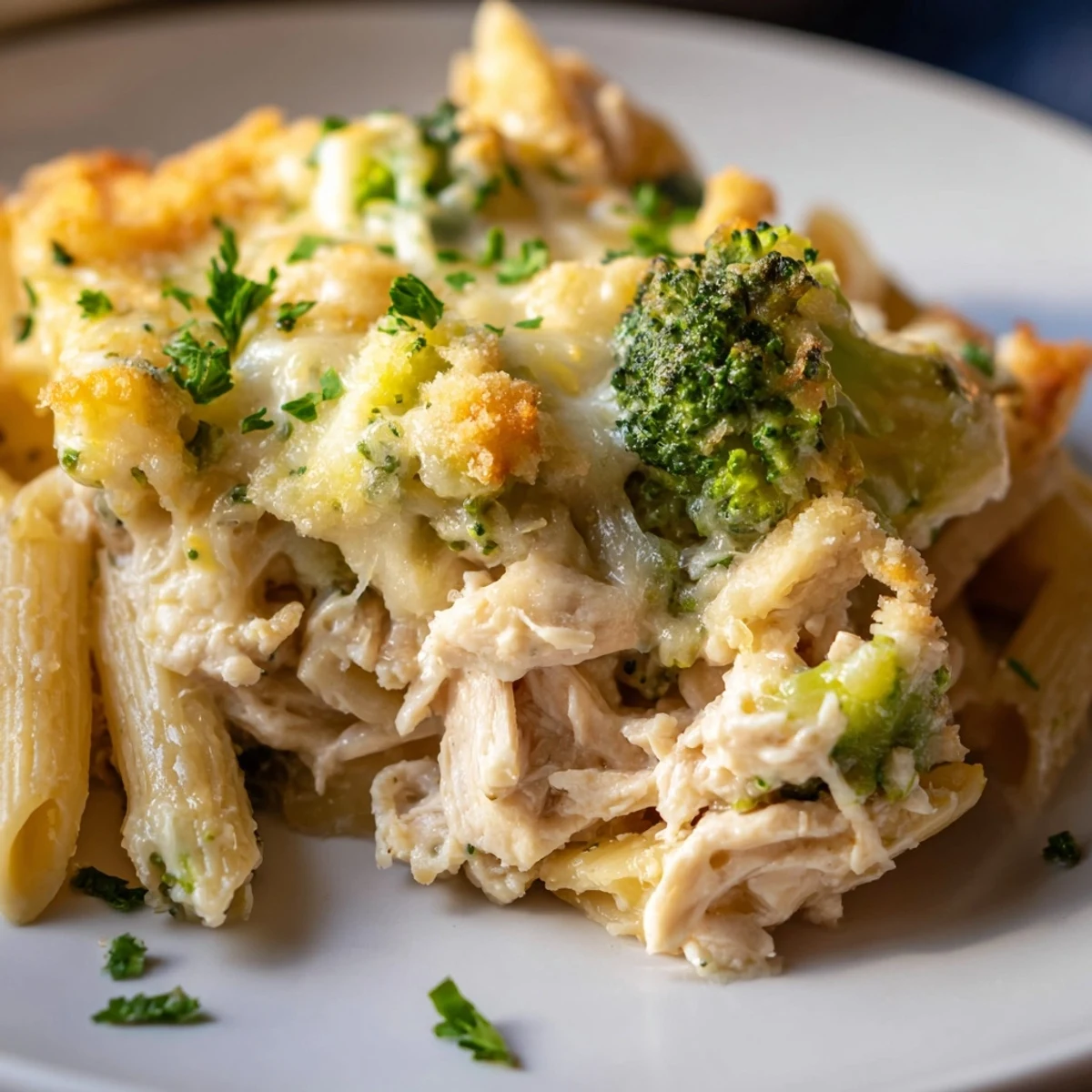 Golden, bubbly mozzarella and Parmesan top a baked casserole of chicken Alfredo, penne pasta, and bright green broccoli florets.