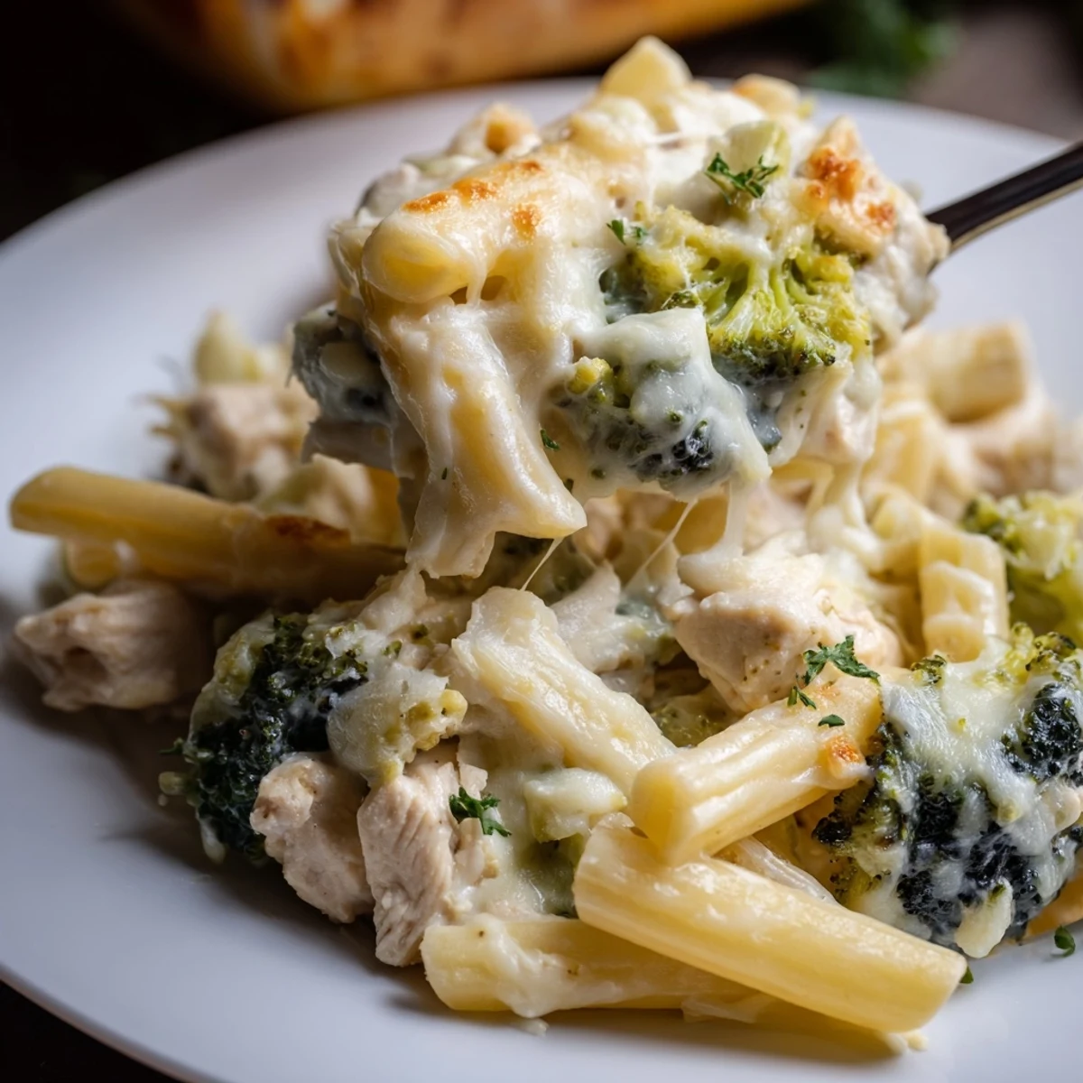 A close-up of creamy Chicken Alfredo Bake with Broccoli and Cheese, served hot from the oven on a rustic table.