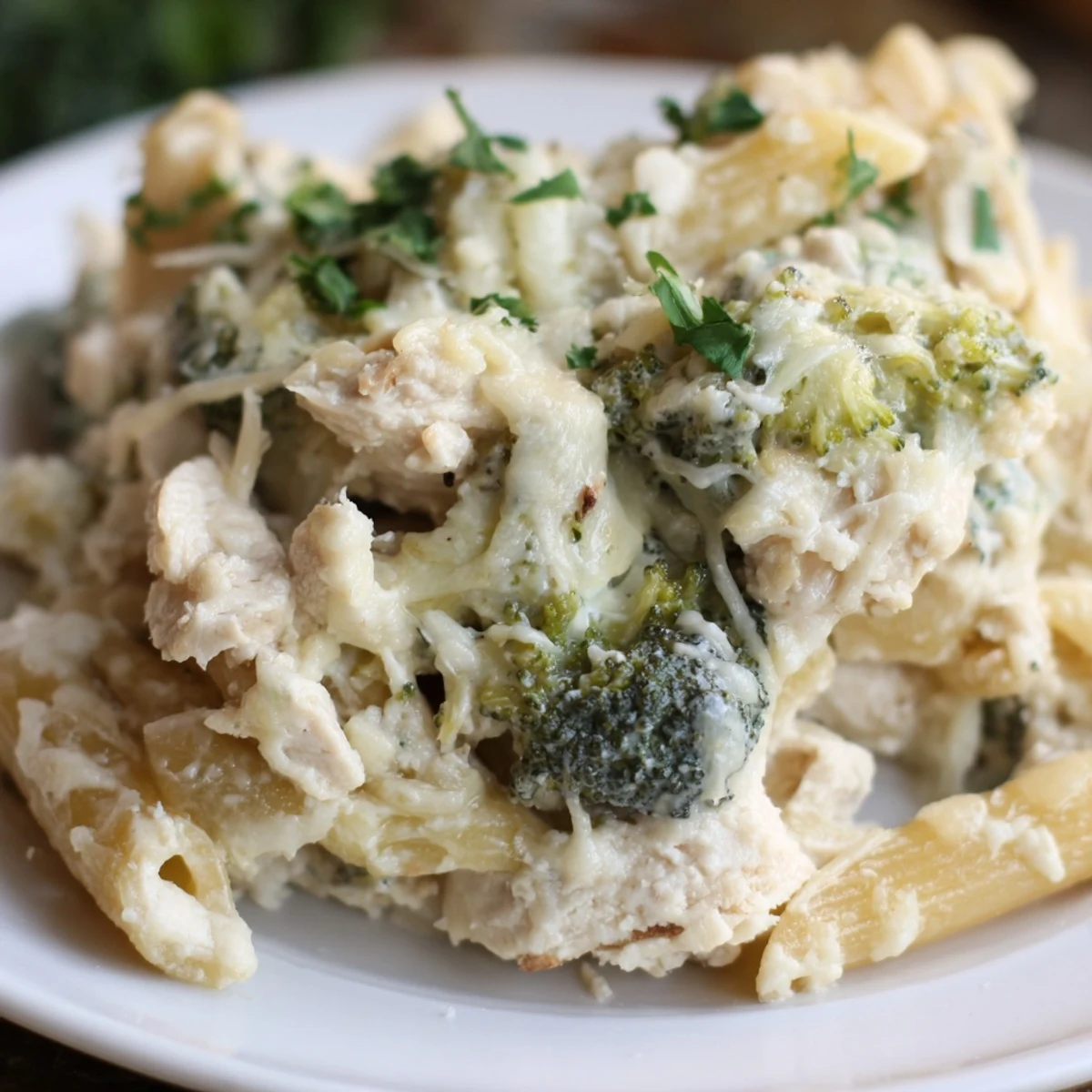 Fresh parsley garnish highlights a hearty Chicken Alfredo Bake with Broccoli and Cheese, next to a crisp side salad.