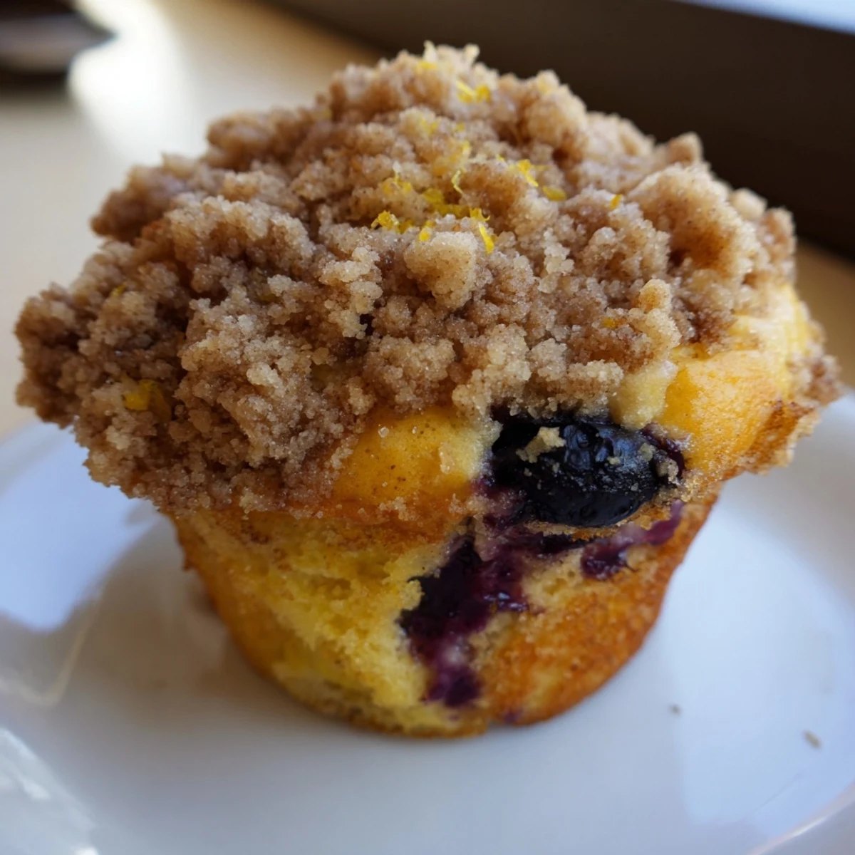 A close-up view of Lemon Blueberry Muffins showing juicy blueberries and zesty lemon glaze on a rustic wooden table.