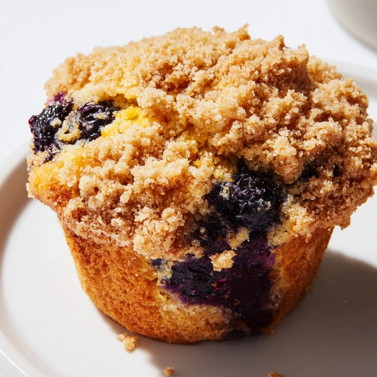 Freshly baked Lemon Blueberry Muffins topped with sugary streusel, served warm on a white plate with blue linen napkin.