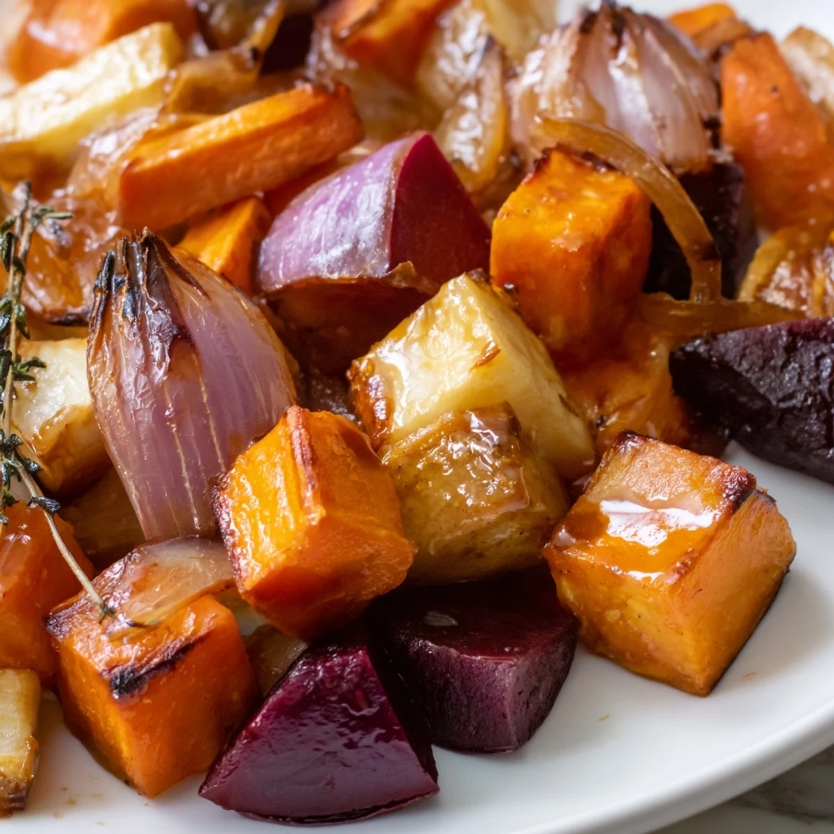 Roasted Root Vegetables with Balsamic Glaze glistens on a rustic plate, featuring vibrant sweet potatoes, carrots, and beets perfect for a cozy dinner.
