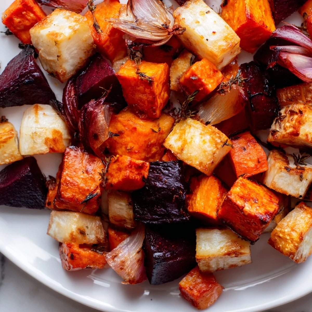 A serving suggestion of Roasted Root Vegetables with Balsamic Glaze beside grilled chicken, ideal for a wholesome, gluten-free family meal.