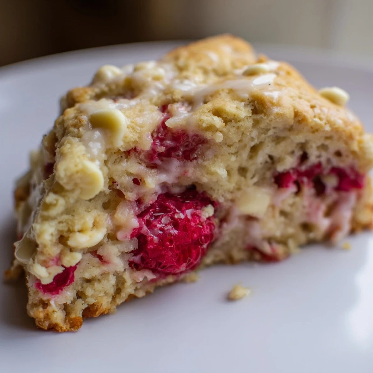 Freshly baked Raspberry White Chocolate Scones with red berries and white chocolate chunks on a baking sheet.
