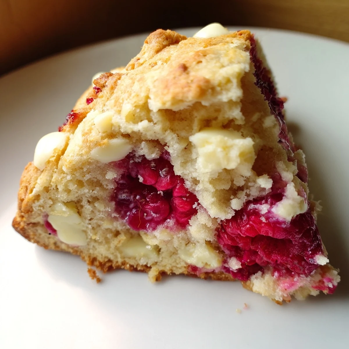 Warm Raspberry White Chocolate Scones with a golden crust and melting white chocolate chips on a plate.