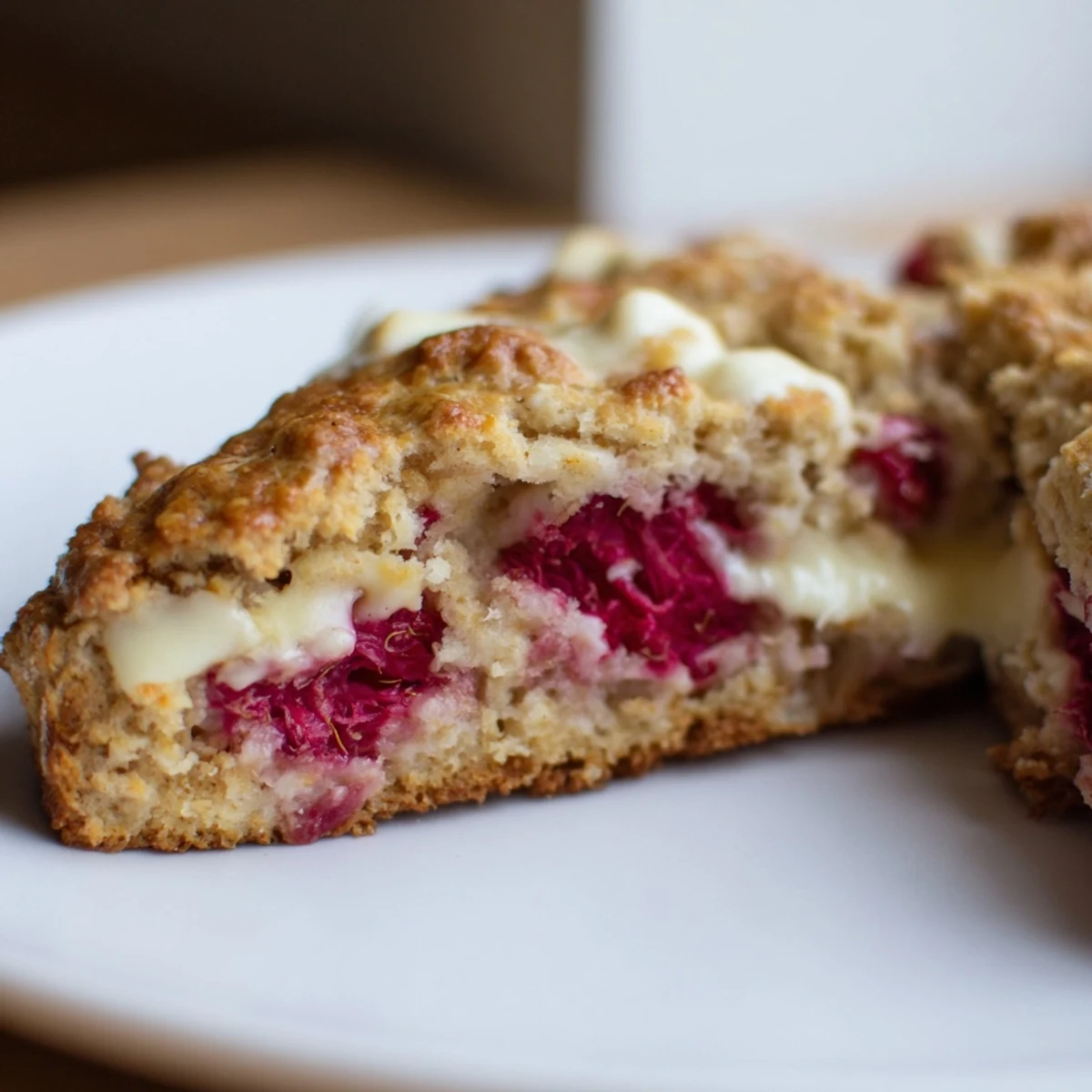 Close-up of Raspberry White Chocolate Scones showing juicy raspberries and a crumbly, buttery texture on parchment paper.