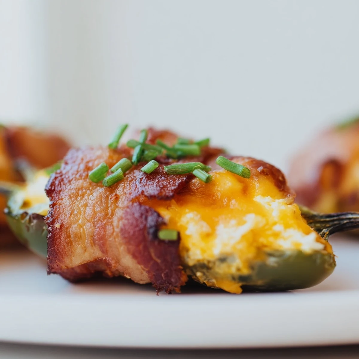 A close-up of Game Day Jalapeno Poppers with melted cheddar and cream cheese filling, garnished with fresh chives.  