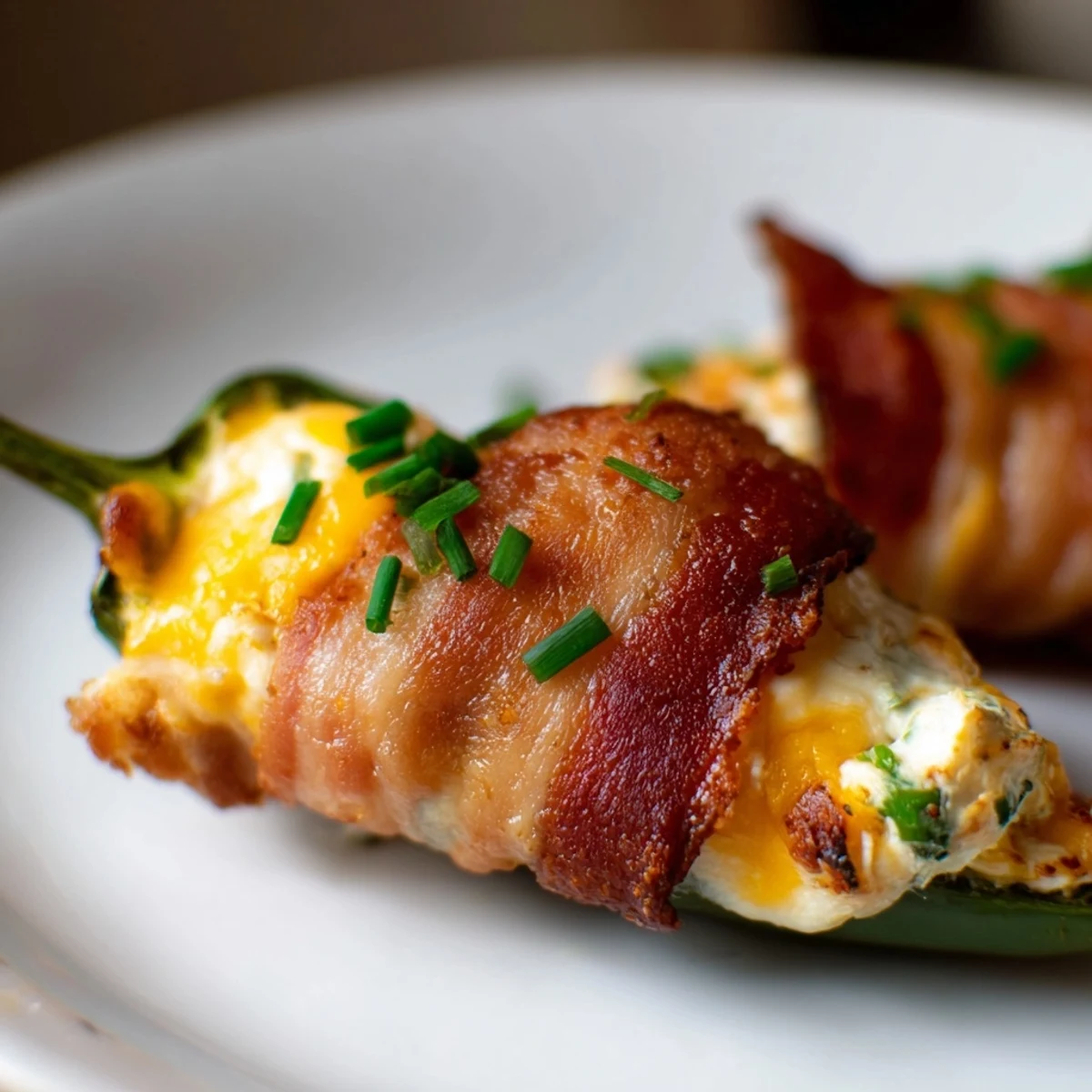 Stuffed jalapeño halves, wrapped in crunchy turkey bacon, served as a spicy, gluten-free appetizer for parties.