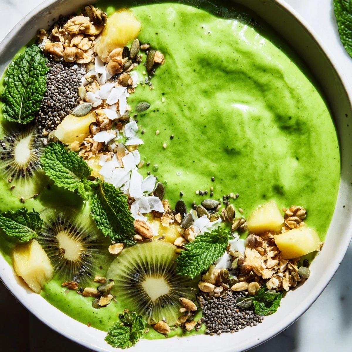 Shamrock Green Smoothie Bowl topped with fresh kiwi slices, crunchy granola, and vibrant mint leaves on a bright kitchen counter.  